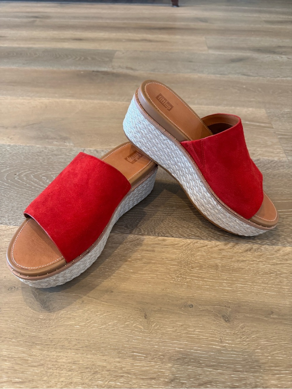Fitflops Red Suede Platform Wedge Slide Sandals with Woven Espadrille Sole